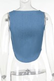 Blue Sexy Solid Hollowed Out O Neck Tops