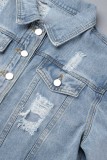 Blå Casual Solid Ripped Turndown-krage Långärmad vanlig jeansjacka