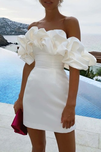 White Sexy Solid Patchwork Backless Off the Shoulder Strapless Dress Dresses