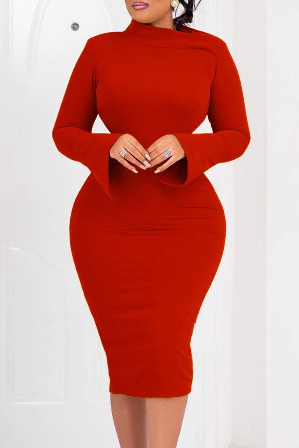 Rode casual effen basic schuine kraag jurken met lange mouwen