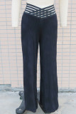 Schwarze, lässige, einfarbige Patchwork-Hose mit normaler hoher Taille