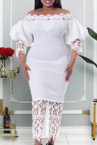 Белая повседневная однотонная ажурная лоскутная юбка-карандаш с открытыми плечами Платья больших размеров