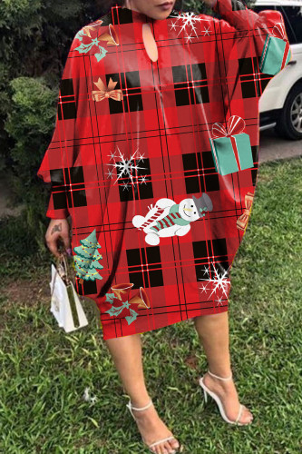 Red Casual Print Hollowed Out Button Collar Long Sleeve Dresses
