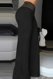 Schwarze, lässige, einfarbige Patchwork-Hose mit normaler hoher Taille