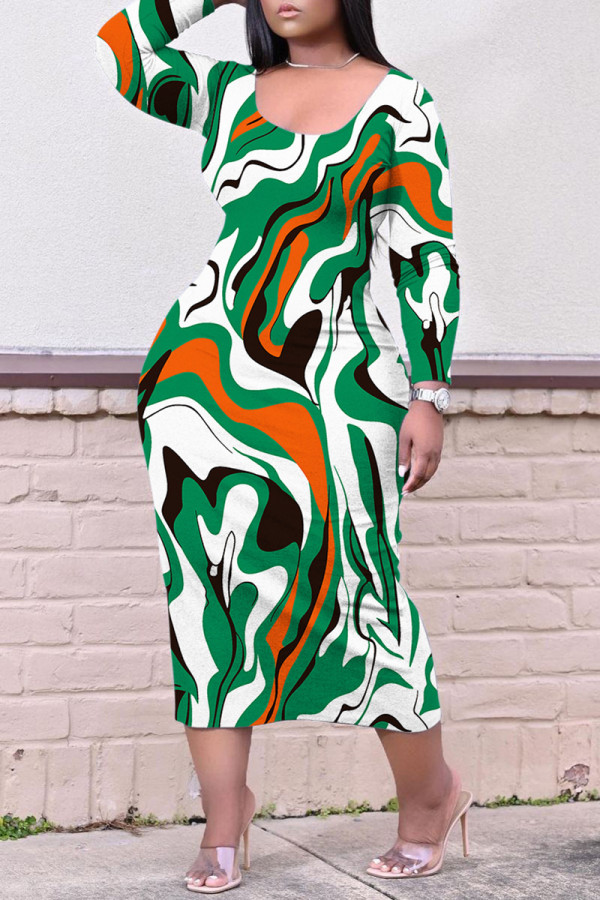 Groene casual print basic U-hals jurken met lange mouwen