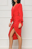 Rote, lässige, feste Patchwork-Kleider mit V-Ausschnitt und langen Ärmeln