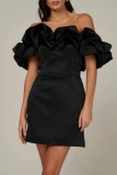 Black Sexy Solid Patchwork Backless Off the Shoulder Strapless Dress Dresses