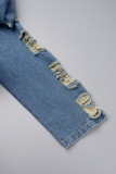 Blue Casual Solid Ripped Cardigan Turndown Collar Long Sleeve Regular Denim Jacket