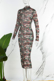 Camuflagem casual estampa camuflada transparente meia gola alta vestidos de manga comprida