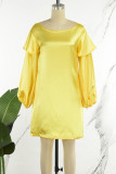 Gelbe, lässige, einfarbige, langärmlige Basic-Kleider mit O-Ausschnitt