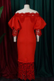 Red Casual Solid Hollowed Out Patchwork Off the Shoulder Pencil Skirt Plus Size Dresses