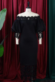 Zwarte casual effen uitgeholde patchwork off-shoulder kokerrok grote maten jurken