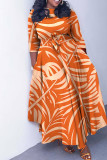 Apricot Casual Print Basic O-Ausschnitt Langes Kleid Plus Size Kleider