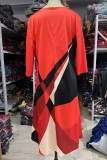 Vestidos tamanho grande vermelho casual estampado básico decote em bico
