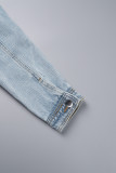 Blaue, lässige, solide, zerrissene Umlegekragen-Langarm-Jeansjacke