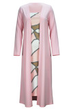 Pink Elegant Print Patchwork Strapless Long Sleeve Two Pieces