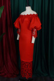 Paarse casual effen uitgeholde patchwork off-shoulder kokerrok grote maten jurken