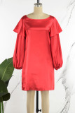 Rode casual effen basic O-hals jurken met lange mouwen