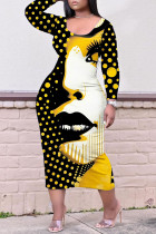 Черно-желтые повседневные платья с U-образным вырезом и длинными рукавами с принтом