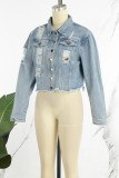 Blue Casual Solid Turndown Collar Long Sleeve Regular Distressed Ripped Cropped Denim Jacket
