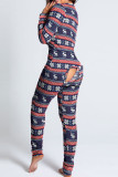 Skinny-Jumpsuits mit Weihnachtsbaum-Straßendruck, Patchwork-Knöpfen und V-Ausschnitt