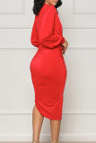 Rote, lässige, feste Patchwork-Kleider mit V-Ausschnitt und langen Ärmeln