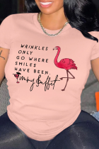 T-shirt con collo a lettera O con stampa vintage rosa