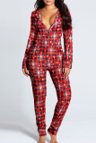 Red Blue Street Print Patchwork Buttons V Neck Skinny Jumpsuits