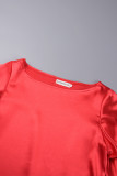 Красные повседневные однотонные базовые платья с круглым вырезом и длинным рукавом