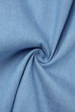 ライトブルー カジュアル ソリッド パッチワーク 非対称 シャツカラー 長袖 レギュラー デニム ドレス