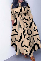 Абрикосовый повседневный принт с базовым длинным платьем с круглым вырезом Платья больших размеров