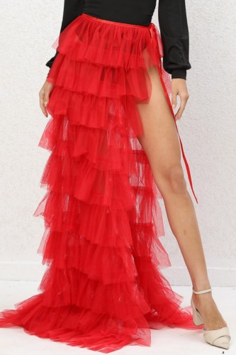 Röd Casual Solid Patchwork Slit Vanlig hög midja Konventionella enfärgade kjolar