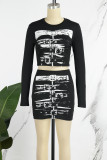 Black Casual Print Basic O Neck Long Sleeve Two Pieces