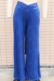 Pantalon décontracté uni patchwork taille haute classique couleur unie bleu