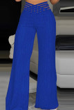 Blaue, lässige, einfarbige Patchwork-Hose mit normaler hoher Taille