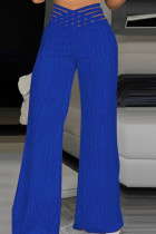 Pantalon décontracté uni patchwork taille haute classique couleur unie bleu