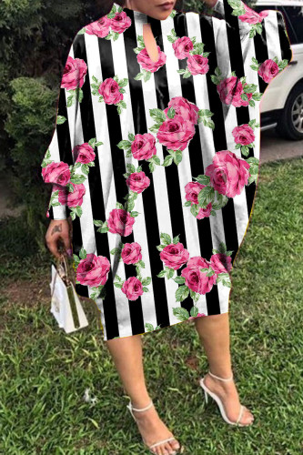 Black Pink Casual Print Hollowed Out Button Collar Long Sleeve Dresses