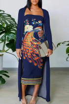 Tibetisch-blauer, eleganter, bedruckter, trägerloser, langärmeliger Patchwork-Zweiteiler