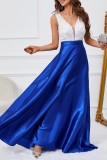 Синие сексуальные формальные лоскутные контрастные вечерние платья с V-образным вырезом
