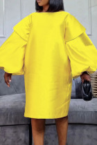 Желтые повседневные однотонные базовые платья с длинным рукавом и круглым вырезом