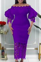 Purple Casual Solid Hollowed Out Patchwork Off the Shoulder Pencil Skirt Plus Size Dresses
