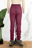 Rose Red Casual Ripple Patchwork Skinny Mid Waist Konventionella Patchwork-byxor