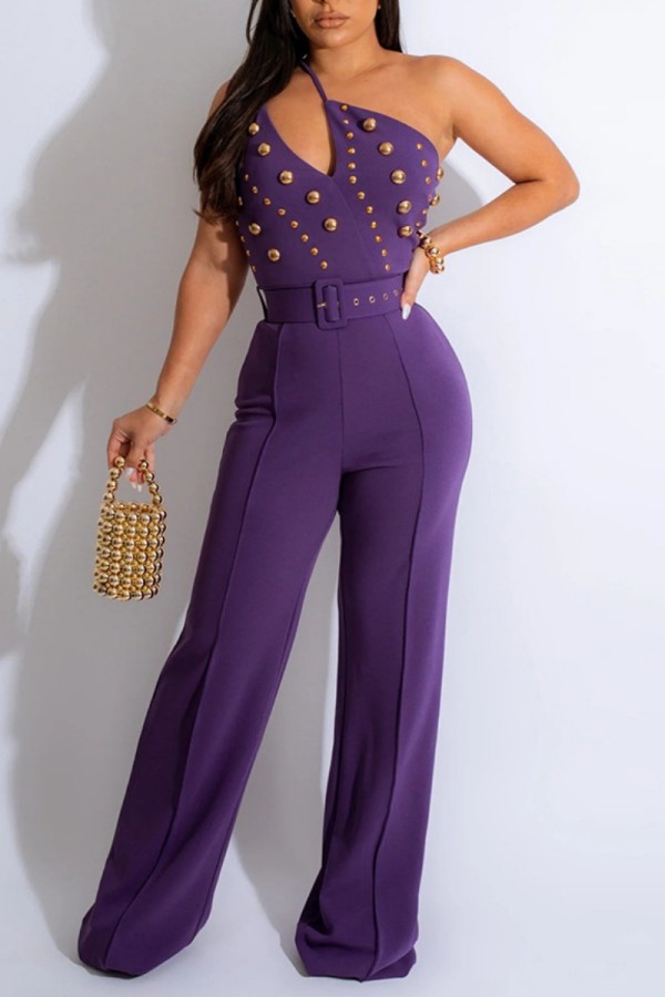 Purple Sexy Casual Solid Backless With Belt Oblique Collar Skinny Jumpsuits