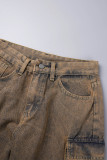 Brown Casual Patchwork Basic Mid Waist Straight Baggy Cargo Denim Jeans