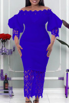 Blauwe casual effen uitgeholde patchwork off-shoulder kokerrok grote maten jurken