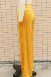 Gelbe, lässige, solide Patchwork-Hose mit normaler hoher Taille und herkömmlicher einfarbiger Hose