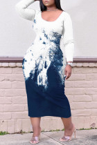 Vit Blå Casual Print Basic U-hals långärmade klänningar