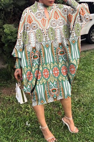 Multicolor Casual Print Hollowed Out Button Collar Long Sleeve Dresses