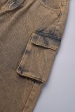 Vaqueros de mezclilla rectos de cintura media básicos con patchwork casual marrón
