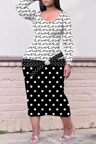 White Black Casual Print Basic U Neck Long Sleeve Dresses
